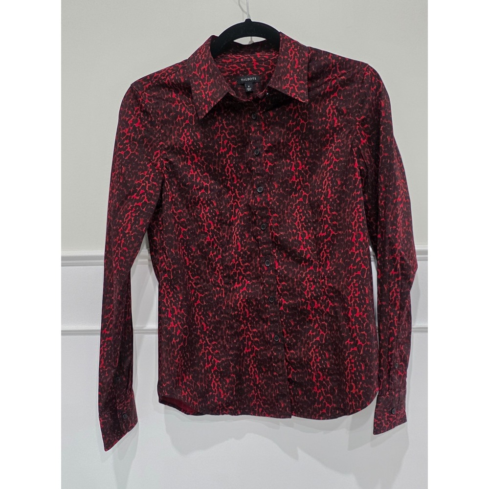 Talbots Womens Size‎ 6 Red Black Leopard Animal Print Stretch Button Down Shirt